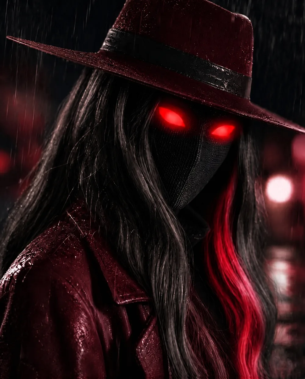 A photograph of Desiree Clarity in the rain, eyes burning through the dark