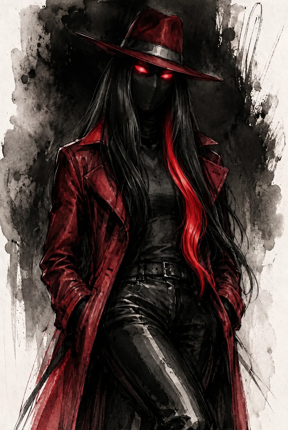 An ink and wash study of Desiree Clarity emerging from black