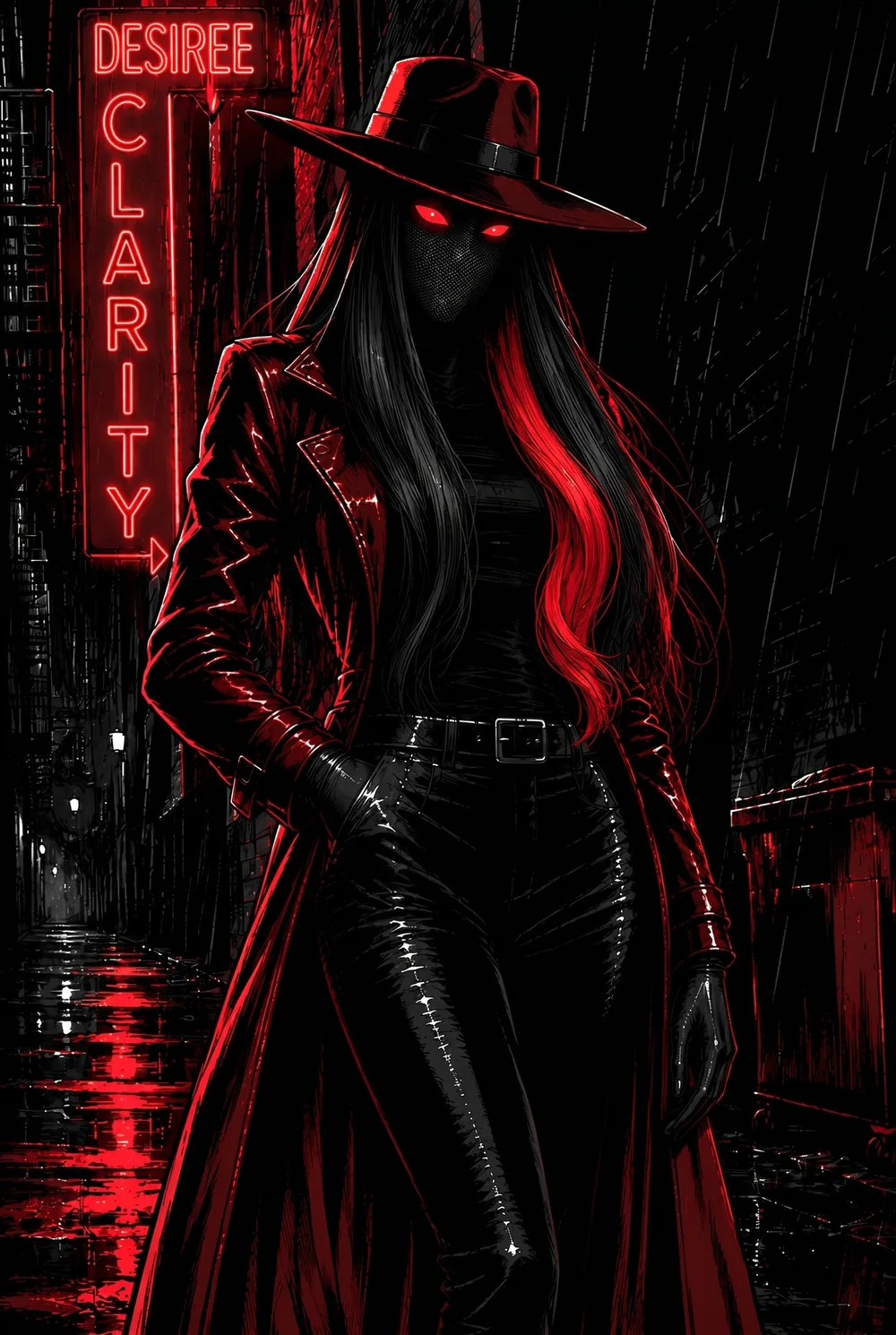 Desiree Clarity walking a rain-slick alley beneath her name in neon