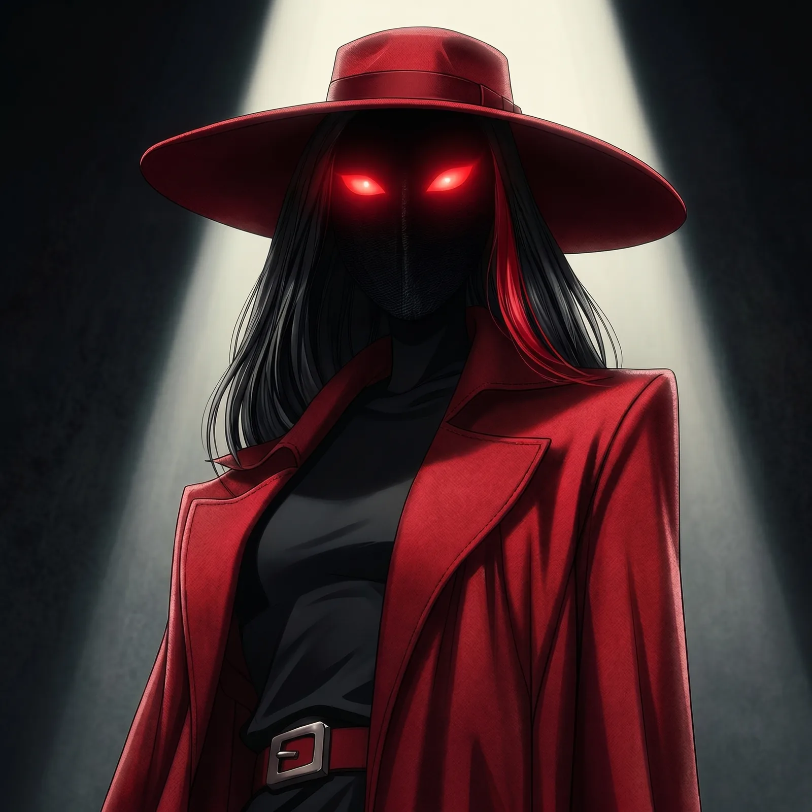 Desiree Clarity beneath a cold spotlight, red coat and burning eyes