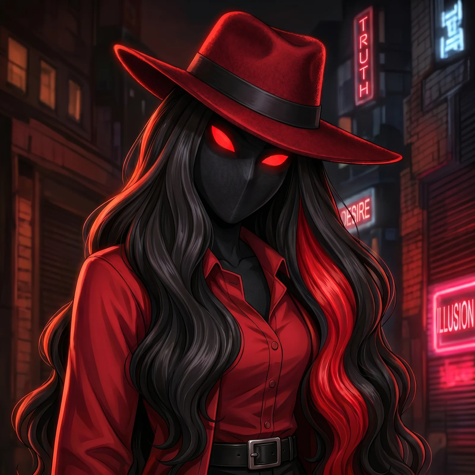Desiree Clarity on a neon street, signs reading Truth, Desire, and Illusion behind her