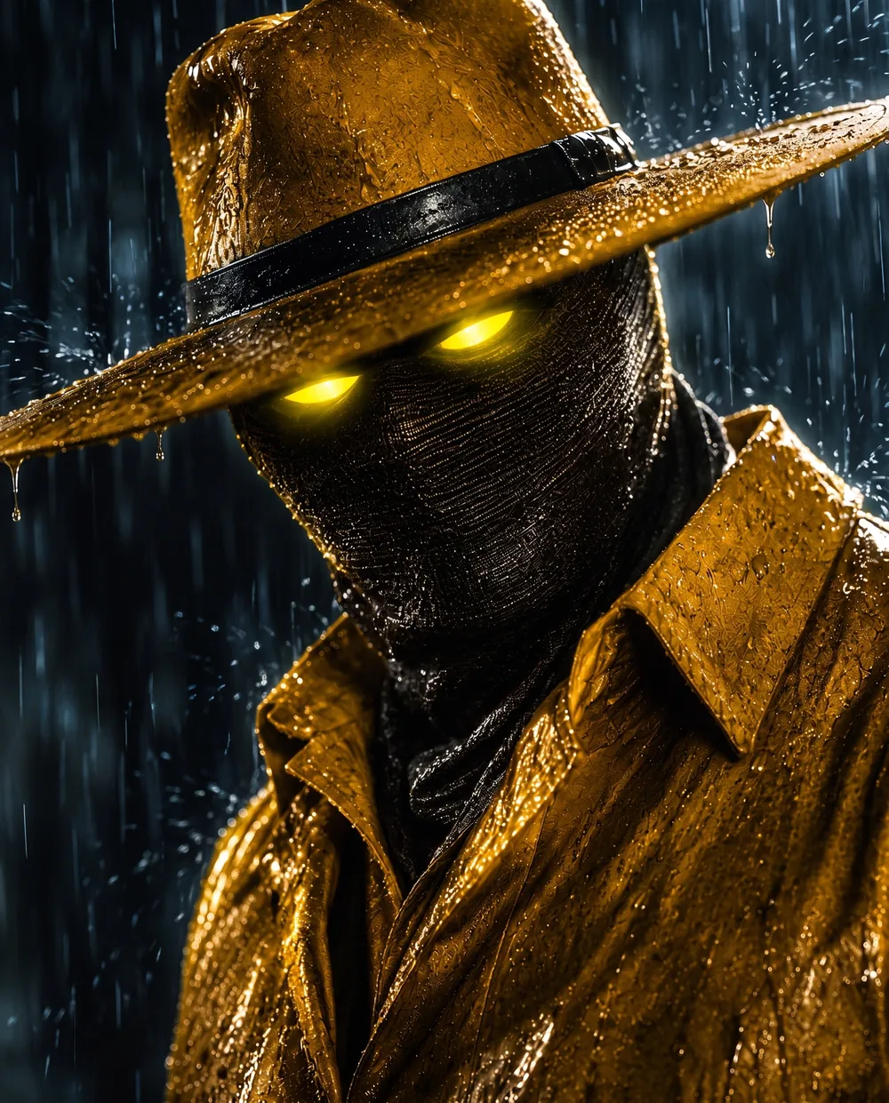 A photograph of Lux Vale in golden rain, eyes warm beneath a soaked hat