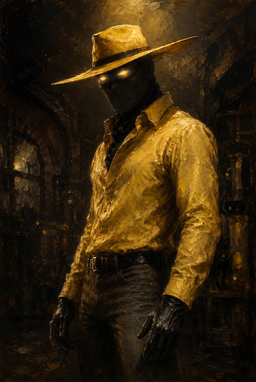 A textured oil portrait of Lux Vale in gold and shadow