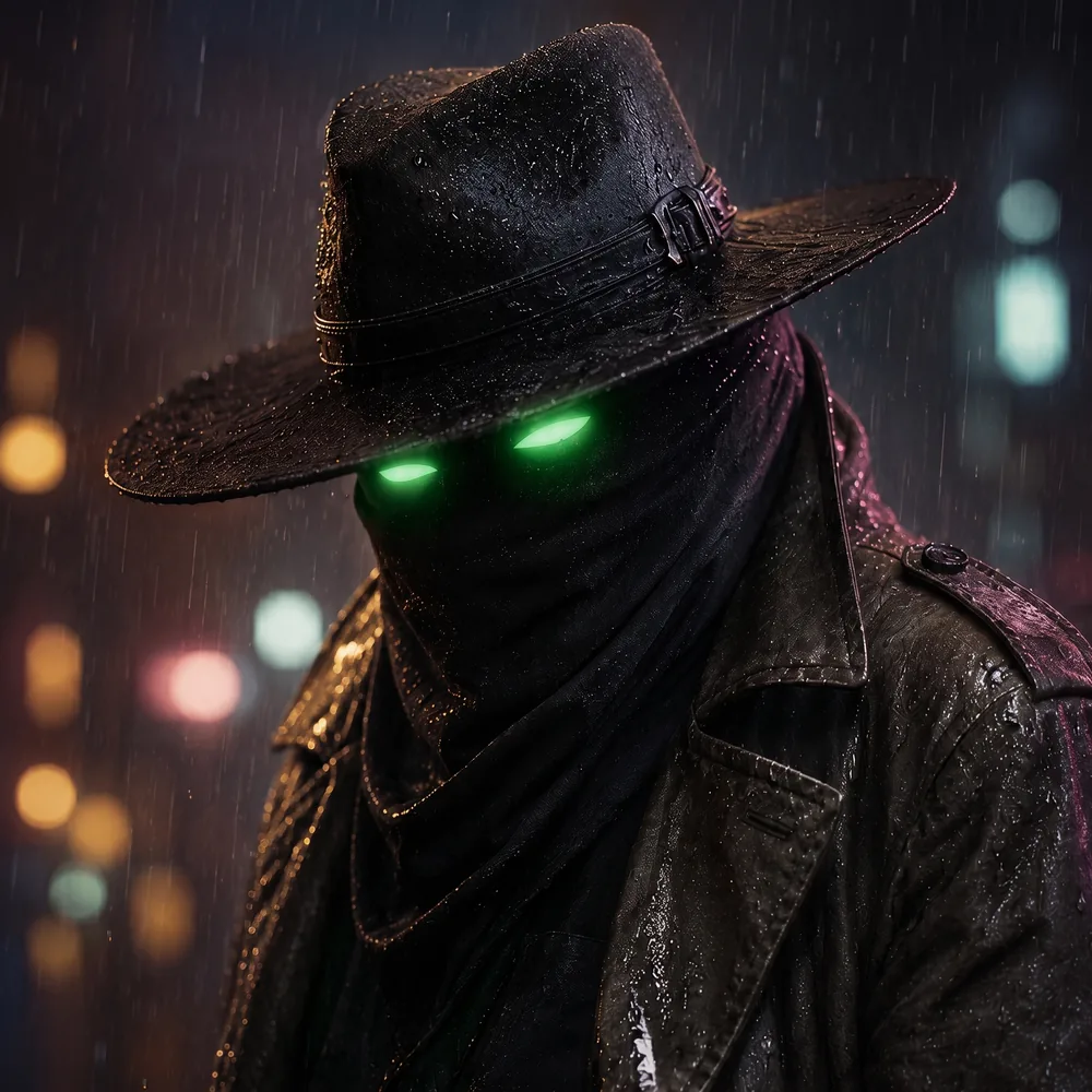 A photograph of Nathaniel Veritas in the rain, green eyes lit beneath a black hat