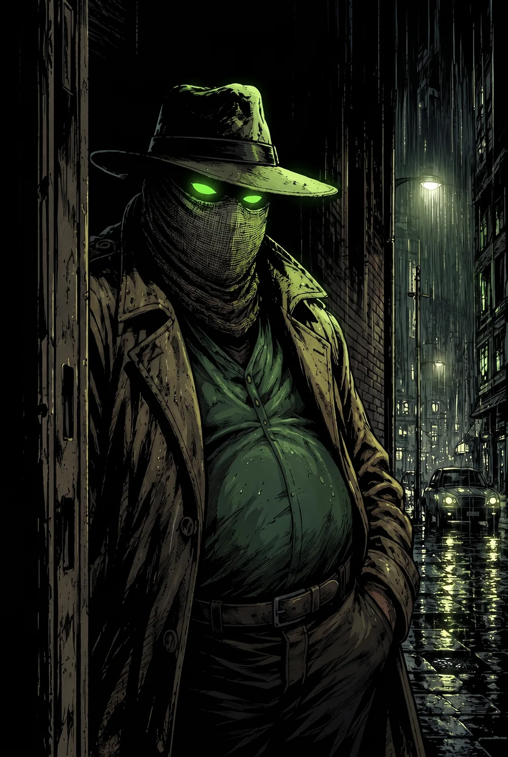 Nathaniel Veritas watching from a doorway on a rain-green street