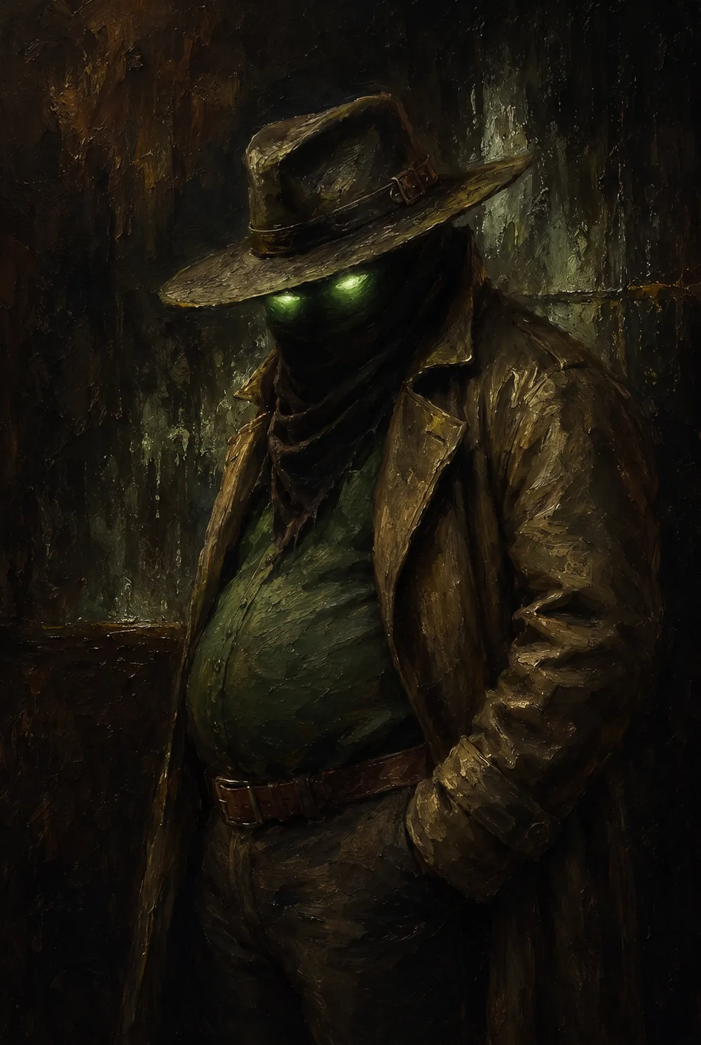 A textured oil portrait of Nathaniel Veritas in green and umber