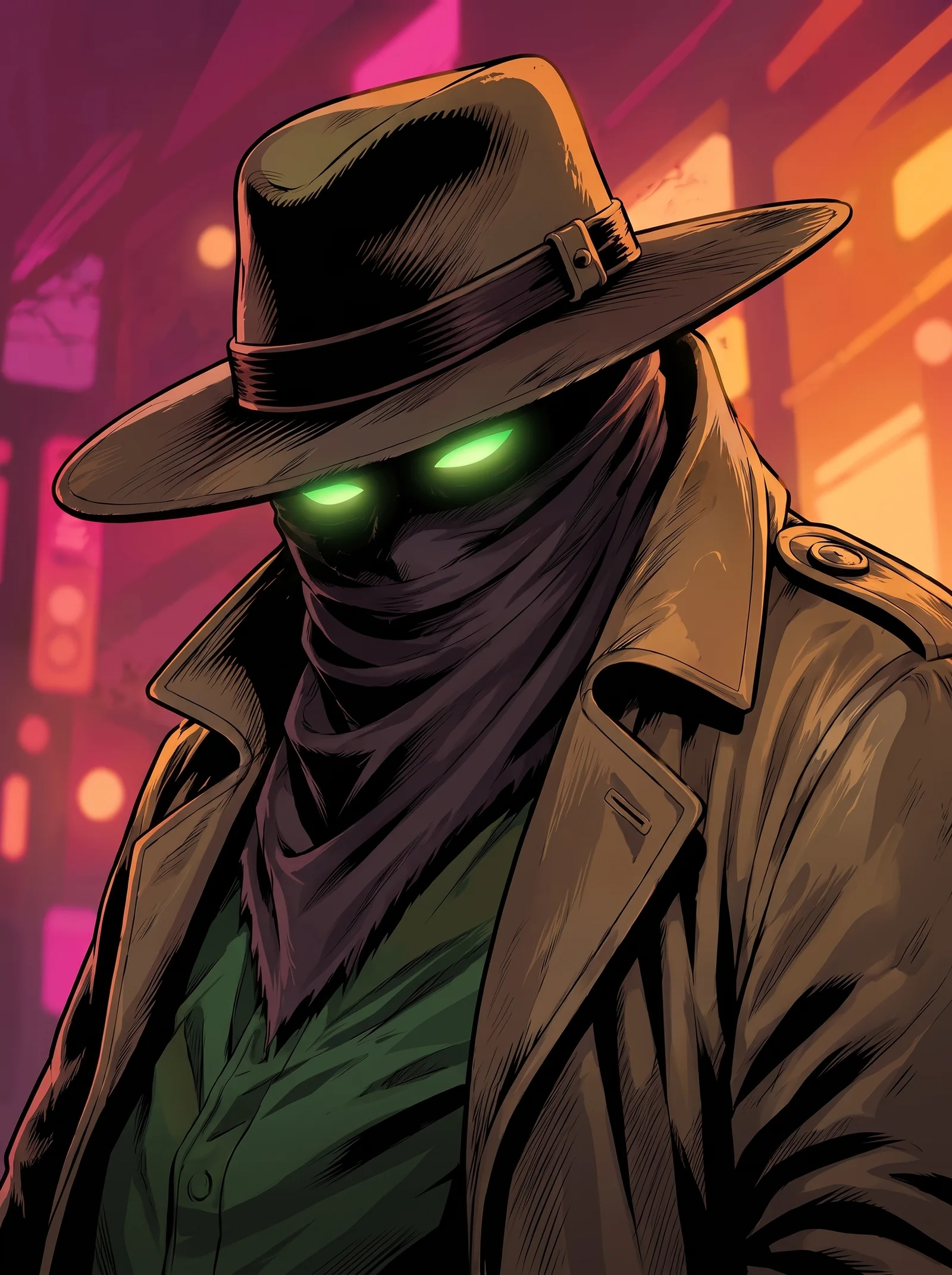 Nathaniel Veritas beneath neon light, green eyes burning under the brim