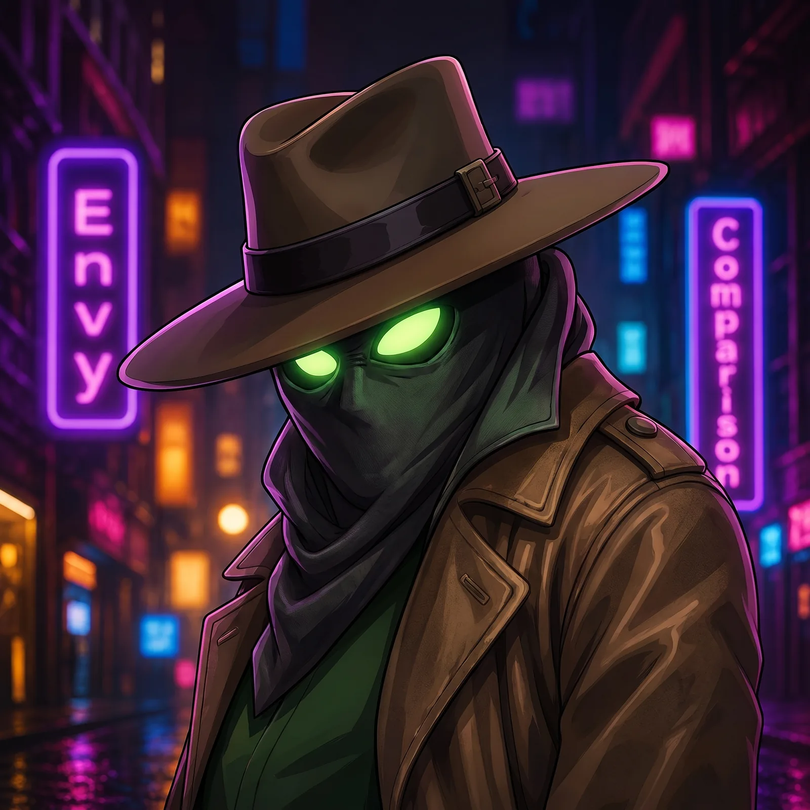 Nathaniel Veritas on a neon street, signs reading Envy and Comparison behind him