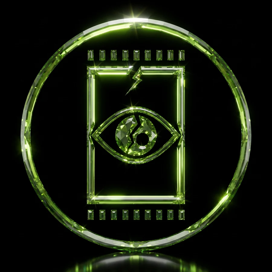 The seal of Nathaniel Veritas: a cracked eye within a jeweled green frame