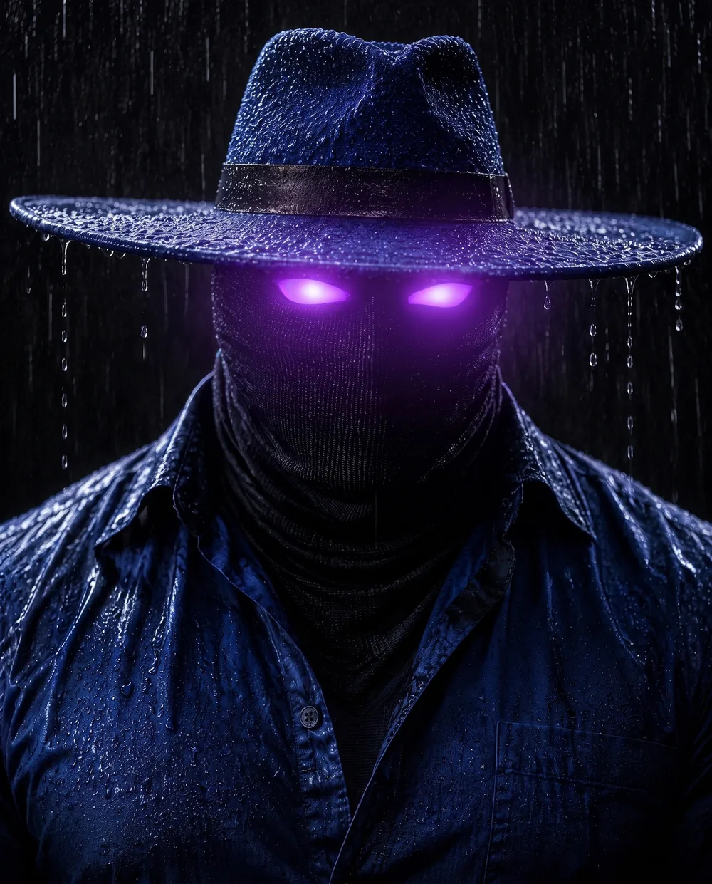 A photograph of Payne Freeman in the rain, amethyst eyes burning beneath a soaked hat