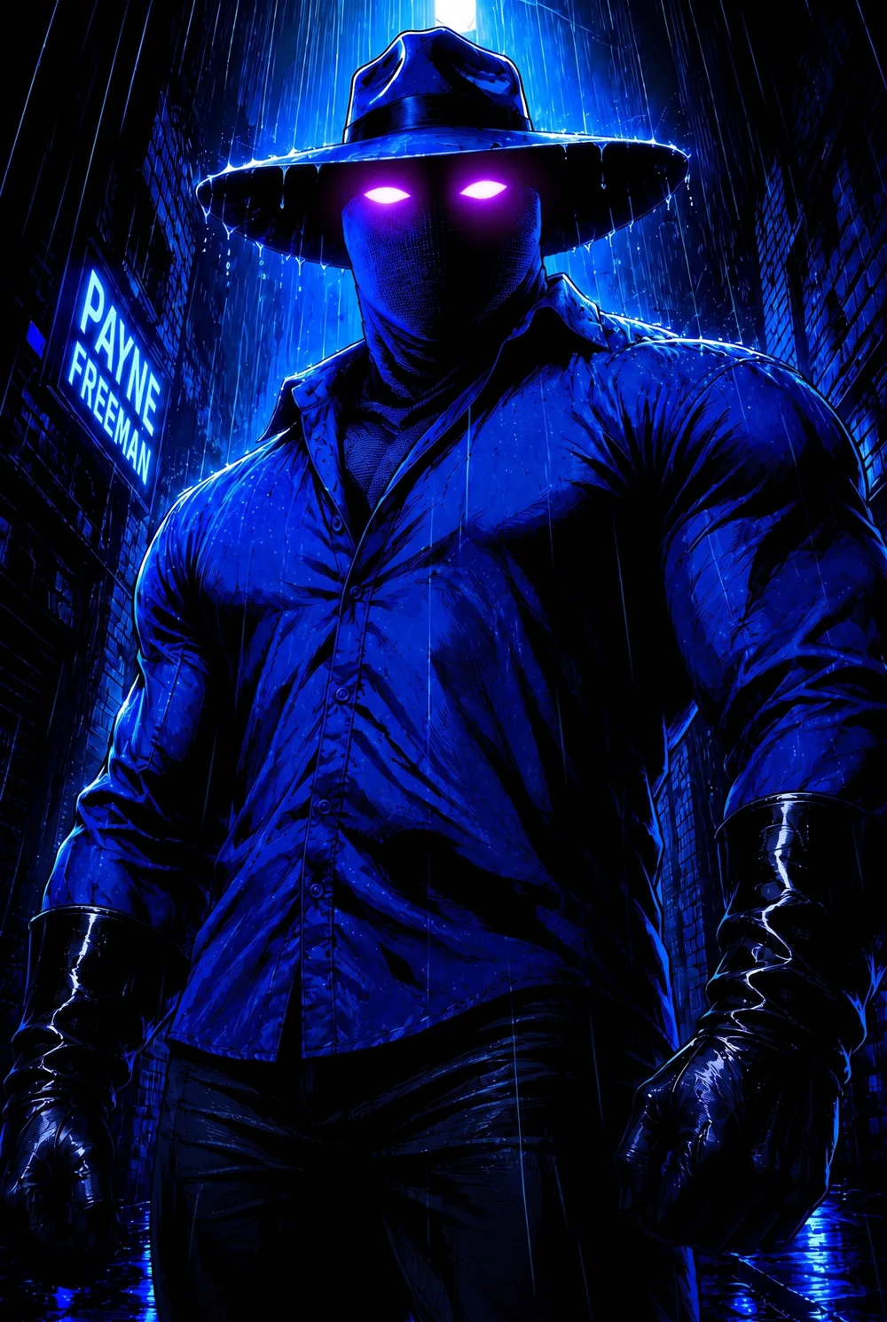 Payne Freeman standing in a rain-blue alley beneath his name in neon