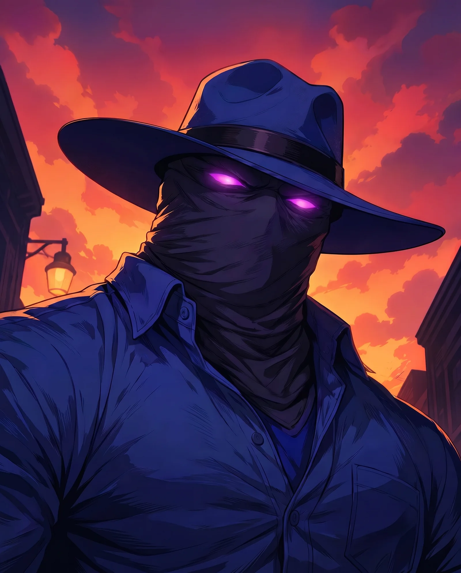 Payne Freeman beneath an ember-lit sky, amethyst eyes steady