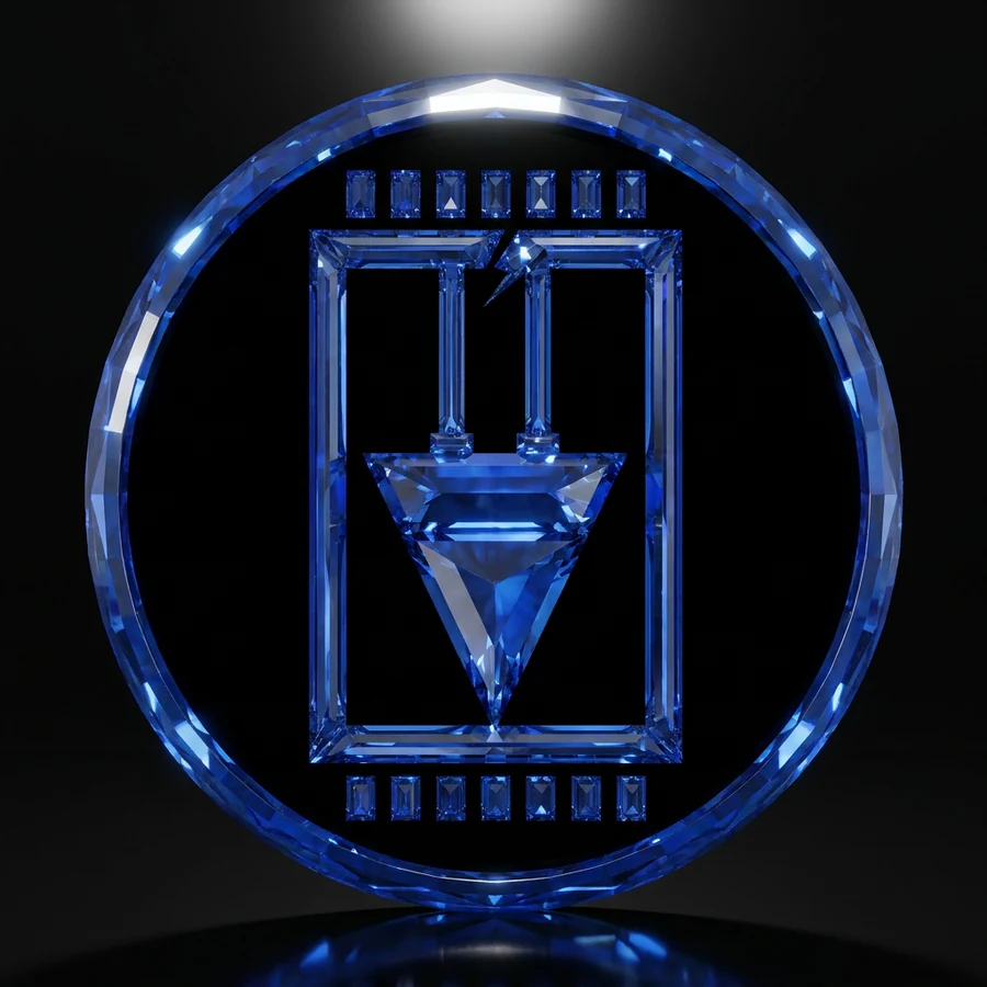 The seal of Payne Freeman: a plumb weight suspended on twin lines within a jeweled frame